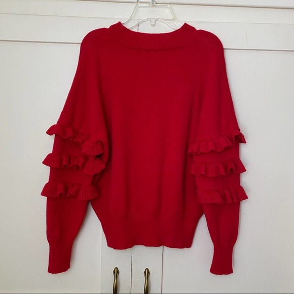 Line & Dot Ruffle Sleeve Crewneck Red Sweater Small - Picture 6 of 6